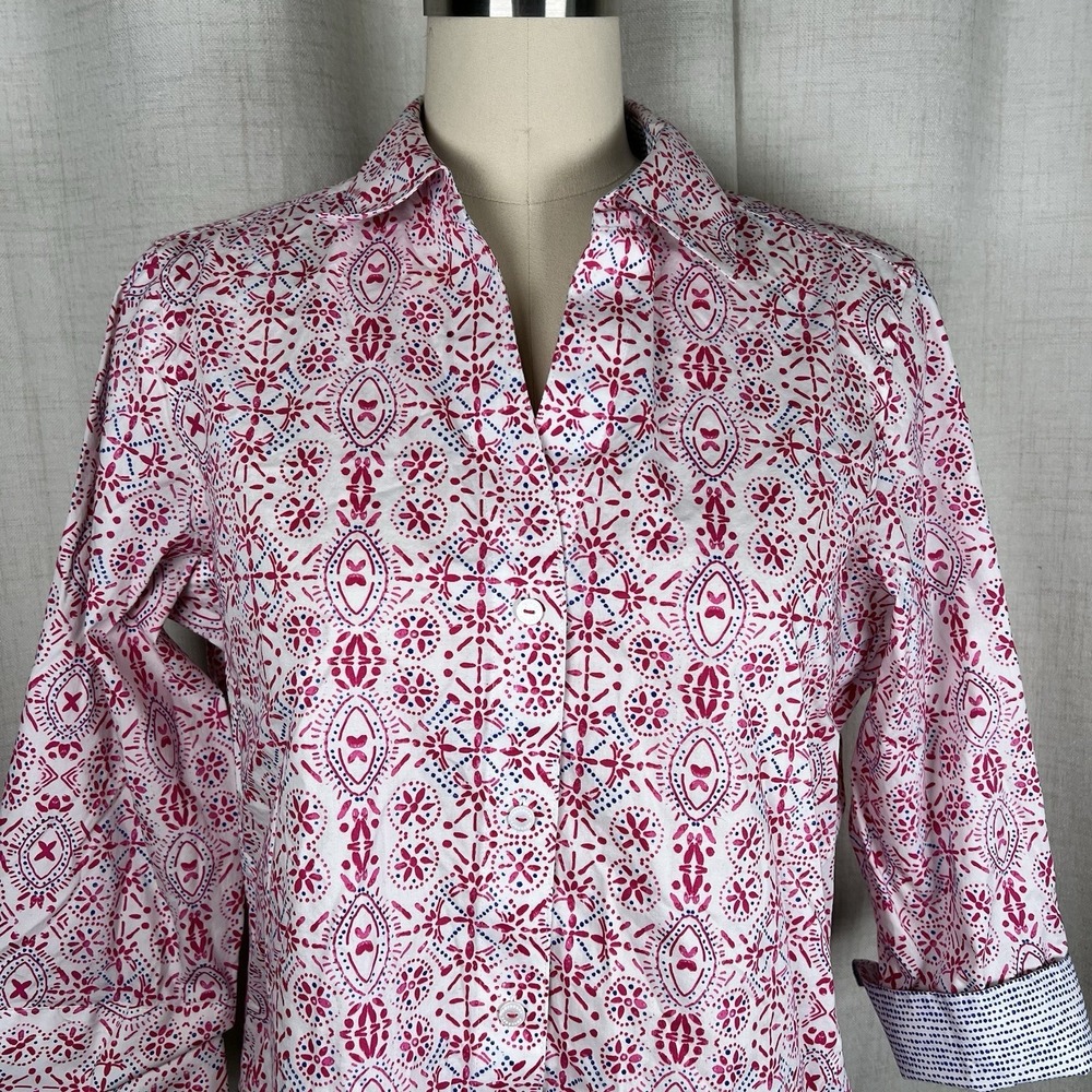 Foxcroft Easy Care Button Down Geometric Pink Blu… - image 2